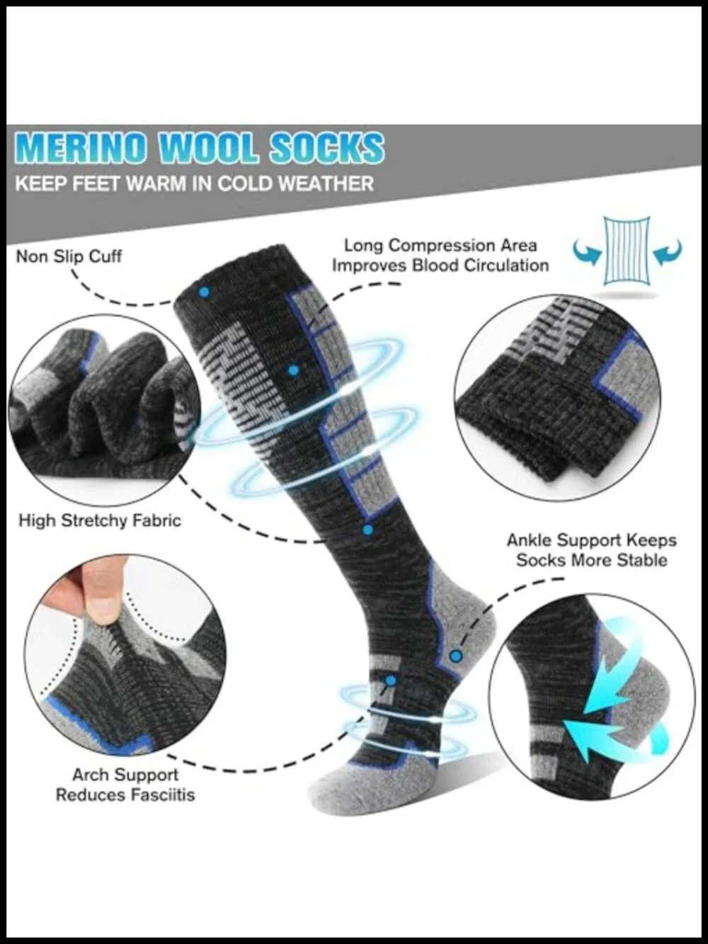 Merino Wool Ski Socks 3-Pack Knee High Full Cushion Arch Support